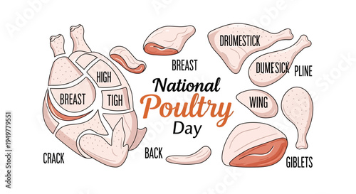 Illustration of a poultry diagram with labeled parts and National Poultry Day text in a colorful, educational graphic design.