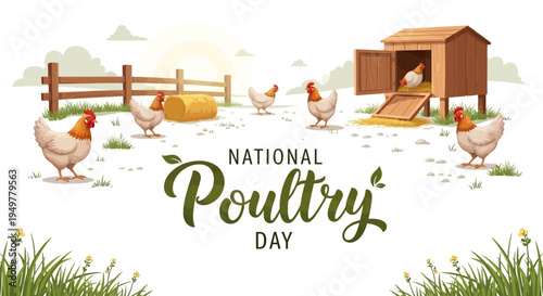 Illustration of chickens and coop on a farm celebrating National Poultry Day with a rustic fence and hay bale in a green landscape.
