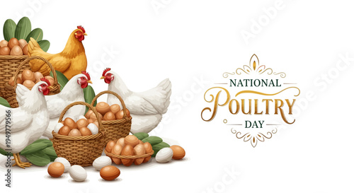 Illustration of chickens and eggs in baskets celebrating National Poultry Day with a design element, against a clean background with warm tones.