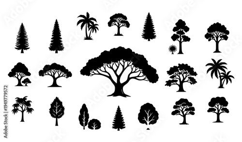 A collection of black tree silhouettes on a white background