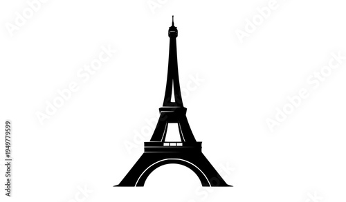A black silhouette of the Eiffel Tower on a white background
