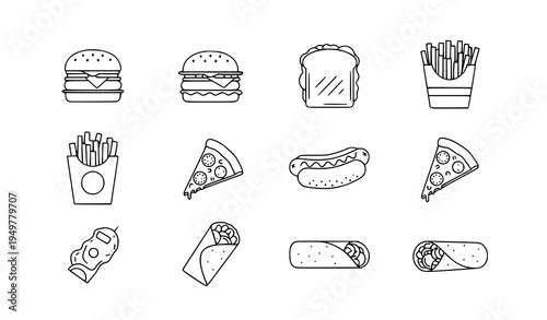 A set of minimalist food icons including burgers, sandwiches, and snacks