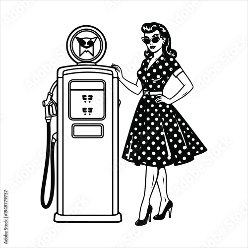 Vintage Pin Up Woman Standing by Retro Gas Pump – 1950s Rockabilly Style Black and White Vector Illustration