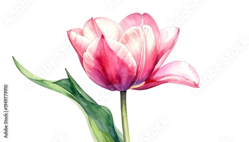A close-up watercolor painting of a pink and white tulip, its petals elegantly detailed against a white background