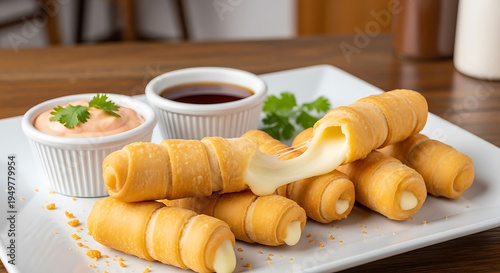 Golden fried cheese sticks served with dipping sauces on a white rectangular plate.