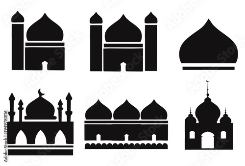 Set of 6 mosque icons vector, black silhouette style