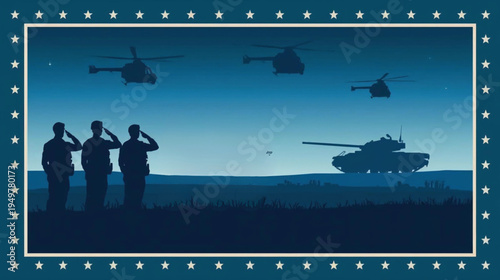 Silhouetted soldiers saluting against a twilight battlefield, with helicopters flying overhead and a tank in the distance