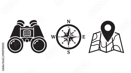 Travelers use binoculars, compass, and map for navigation outdoors.