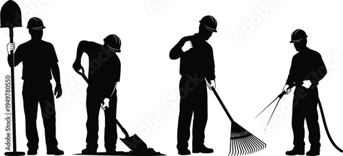 Construction and landscaping worker silhouettes with shovel, rake and water hose tools, manual labor team for gardening, maintenance and outdoor work concept