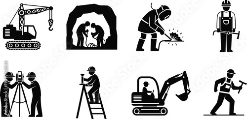 Construction and mining worker silhouette icon set with crane, excavator, welder, surveyor and laborer tools, industrial engineering and infrastructure development concept