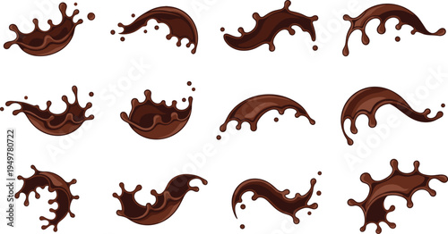 Chocolate Liquid Splash Set with Dynamic Cocoa Drip Waves, Sweet Dessert Sauce Splatter Shapes, Isolated Brown Fluid Motion Elements for Food Design