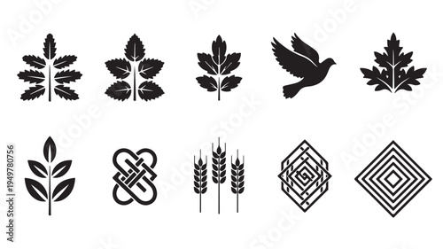 Various plant and leaf silhouettes with a bird in flight on a white background