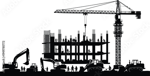 Construction site silhouette with tower crane excavators bulldozers and workers building multi story structure urban infrastructure development engineering industry concept isolated background