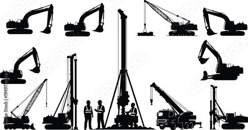 Construction machinery silhouettes collection with excavators cranes drilling rig and engineers working at heavy equipment industrial engineering construction site concept