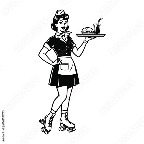Vintage Waitress on Roller Skates Serving Burger and Drink – Retro 1950s Diner Pin Up Style Black and White Vector Illustration