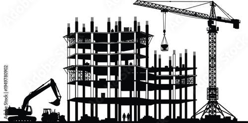 Construction site silhouette with tower crane, excavator and workers building reinforced concrete multi story structure, urban development engineering and industrial building framework project