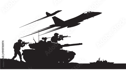 Soldiers operate a tank with a fighter jet flying overhead in a combat scene