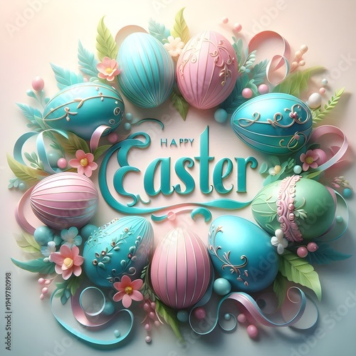 Beautiful Happy Easter artistic text with patterned eggs and flowers on a festive spring holiday background.