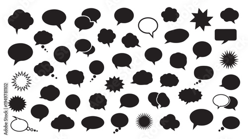The illustration displays various speech bubbles and icons on a white background.
