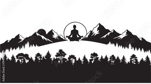A person meditates peacefully in nature, surrounded by mountains, trees, and a serene environment.