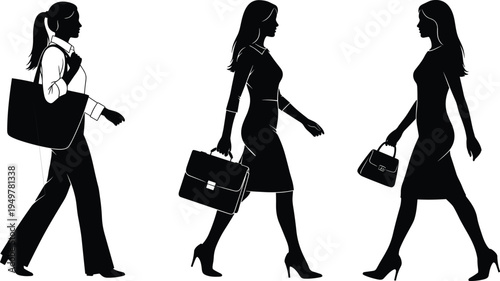 Business woman walking silhouette set, professional lady with handbag and briefcase, corporate female career, fashion office style vector illustration, isolated