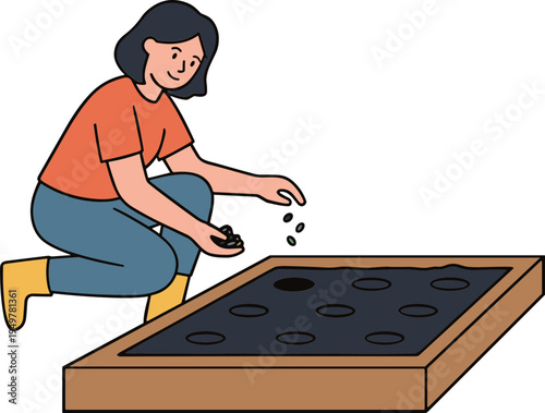 Woman plants seeds in a gardening tray on her knees outdoors