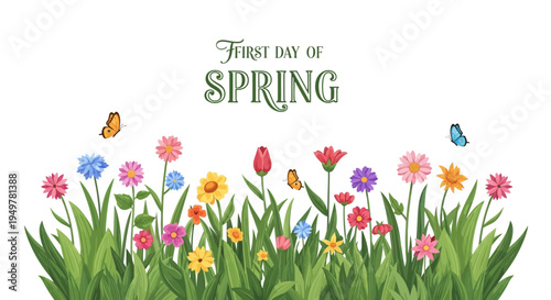 Illustration of blooming flowers and butterflies on a spring floral background with the text 'First Day of Spring' in a colorful design.