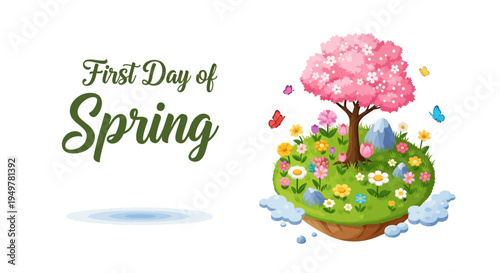 Vector illustration of a blooming floral landscape with a pink tree on a green grassy mound, symbolizing the first day of spring season beginning with colorful flowers and butterflies,