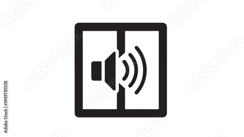 A graphic illustration of a speaker emitting sound waves through a window.