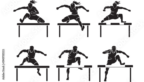 Athlete jumps over hurdles in a stadium during a track and field event.