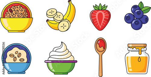Healthy Breakfast Food Icon Collection Featuring Oatmeal Bowl, Banana Slices, Strawberry, Blueberries, Yogurt Bowl, Honey Jar and Wooden Spoon