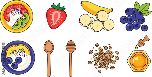 Healthy Breakfast Food and Fresh Fruit Icon Collection Featuring Strawberry, Banana, Blueberries, Yogurt Bowl, Granola Oats, Honey Drizzle and Wooden Spoons