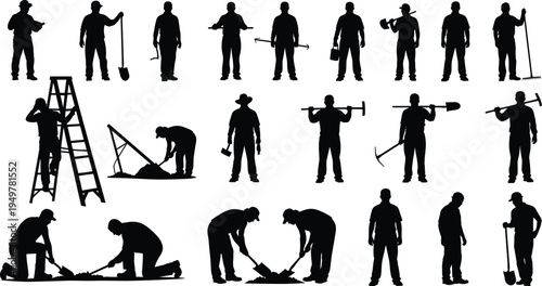 Construction worker silhouette collection with laborers using shovel, rake, ladder and hand tools, manual labor team set for building, repair and maintenance work