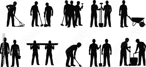 Construction worker silhouette set with laborers holding tools, shovel, rake and wheelbarrow, manual work team collection for building, maintenance and industrial workforce concept