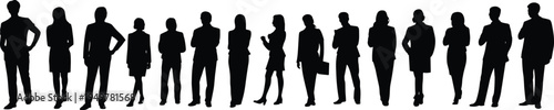 Business people silhouettes standing in row, professional men and women team poses, corporate employees group concept, office workers illustration isolated on background