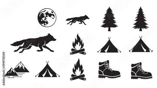 Camping scene with a wolf, tents, and trees under a full moon at night.