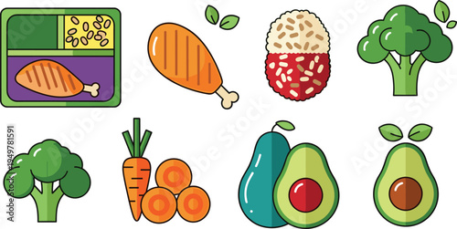 Healthy Food and Nutrition Icon Collection Featuring Broccoli, Avocado, Carrots, Grilled Chicken, Rice Bowl and Fresh Organic Meal Ingredients