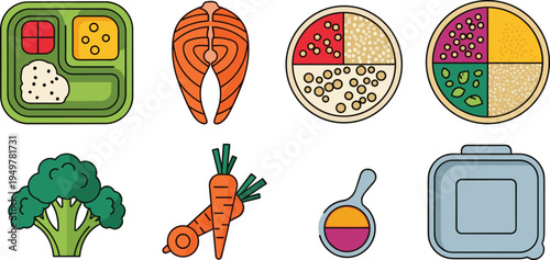 Healthy Meal Prep and Balanced Diet Icon Collection Featuring Fish, Vegetables, Rice, Carrots, Meal Containers, and Portion Control