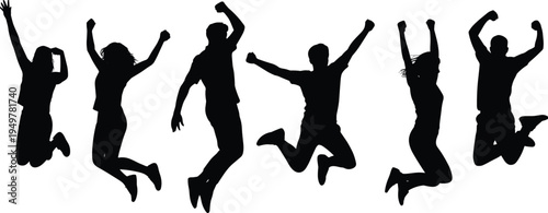 Jumping people silhouettes set with excited men and women celebrating success, happy energetic poses, freedom joy concept, active lifestyle illustration isolated background