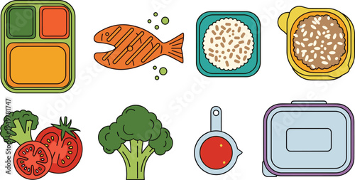 Healthy Meal Prep and Food Storage Icon Collection Featuring Fish, Rice, Vegetables, Tomato, Broccoli, Sauce, Container and Portion Control