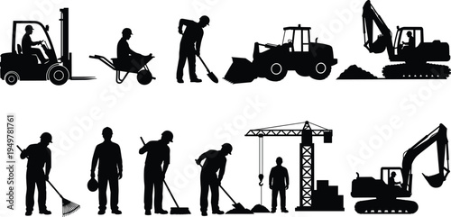 Construction workers and heavy equipment silhouettes collection with forklift, excavator, crane, loader and laborers using tools in industrial construction and engineering environment