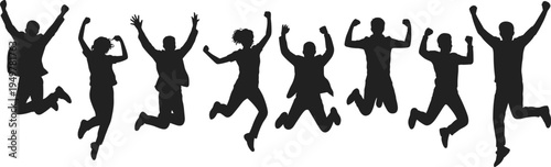Jumping business people silhouettes celebrating success, energetic corporate team men and women jumping with raised arms, achievement motivation concept isolated background