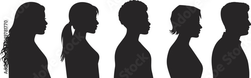 Side profile people silhouettes collection, diverse men and women head portraits in profile view, human face outline set isolated on light background