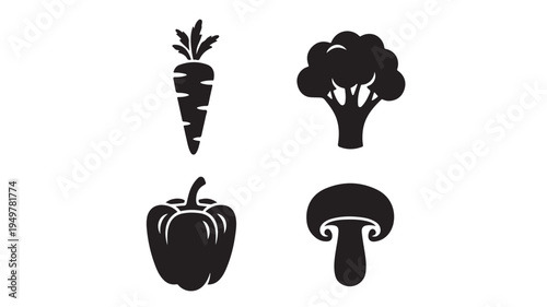 Vegetables on display including carrot, broccoli, bell pepper, and mushroom.