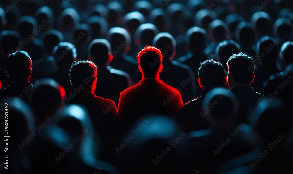 Obraz premium silhouette of a person highlighted in red, standing out from a crowd of people in a business context, symbolizing leadership, Generative AI