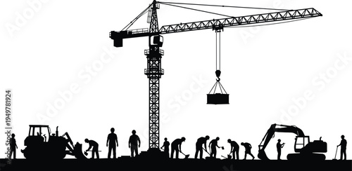 Construction workers and heavy machinery silhouette with tower crane, excavator and bulldozer at building site, civil engineering and infrastructure development concept illustration