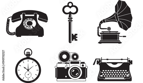 Retro objects including a telephone, key, gramophone, clock, camera, and typewriter on display