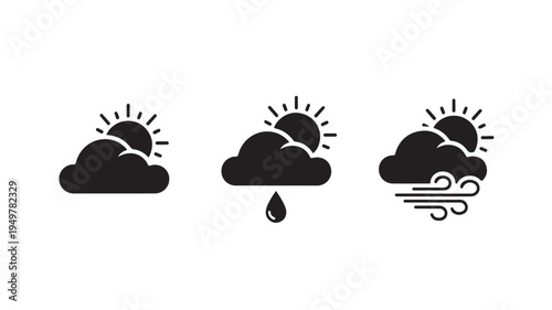 Weather forecast icons show sunny, rainy, and windy conditions with clouds.