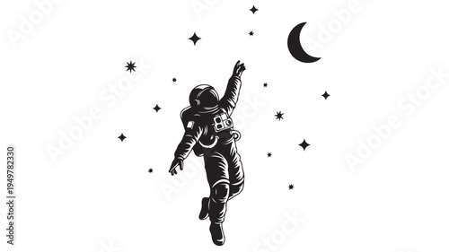 Astronaut floats in space with stars and moon nearby wearing suit