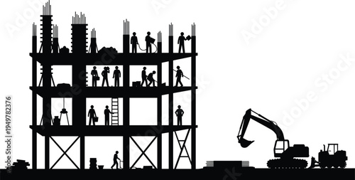 Construction workers building multi story reinforced concrete structure with excavator and loader, industrial construction site silhouette showing engineering workforce and infrastructure development